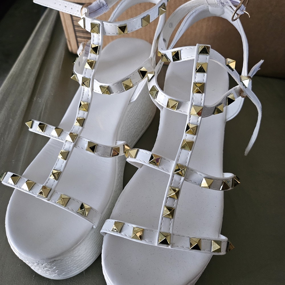White and Gold Studded Women's Sandals